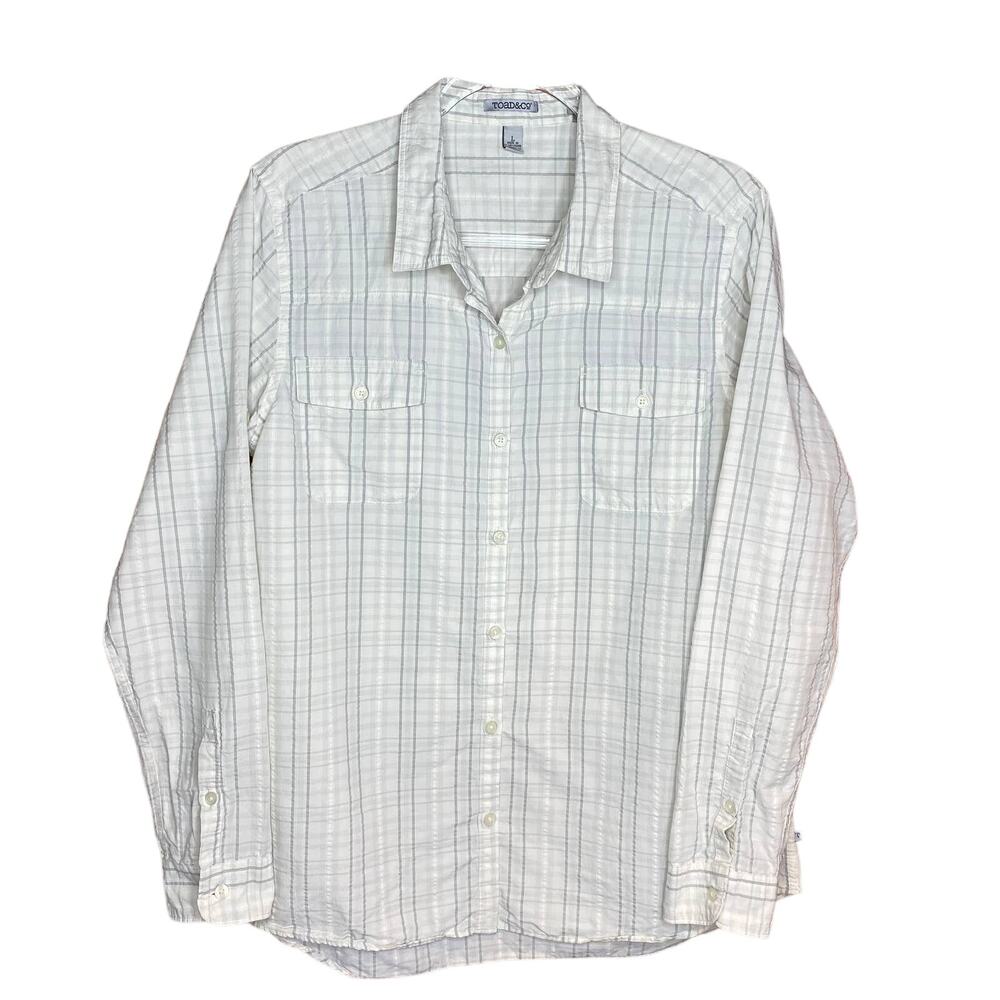Toad and Co Womens Alegre Plaid Shirt Button‎ Up Gray White Long Sleeve Sz L